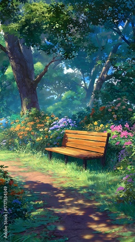 The park bench is located in the center of an open space surrounded by trees and flowers