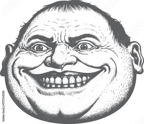 Black and white woodcut engraving illustration of grotesque round faced character with exaggerated smile and stippling texture in vintage folk art style