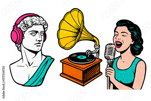 Pop art halftone sticker set. Antique statue in headphones, vintage gramophone, and retro woman singer with microphone. Music collage for poster or magazine. 80s, 90s style.