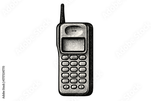 Retro vintage mobile phone from the 90s and 2000s with buttons, classic antique cell phone design, hipster style, halftone vector illustration, realistic cartoon technology gadget