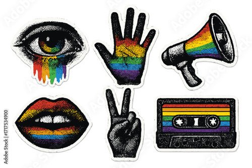 Pride month halftone collage sticker set in punk grunge style. Vector icons: rainbow crying eye, lips, peace hand, megaphone, cassette. LGBT concept for gay rights and protest.