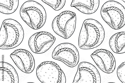 Seamless pattern of Mexican empanadas in corn tortillas, Latin American traditional food, hand-drawn contour vector illustration, linear sketch style, authentic cuisine background