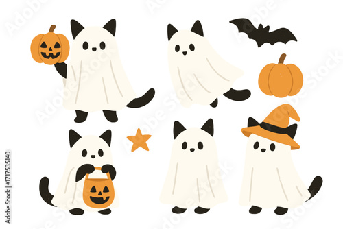 Cute Halloween cats ghost characters in masquerade bedsheet costumes holding pumpkins, bat and wearing witch hat, spooky autumn holiday vector cartoon illustrations