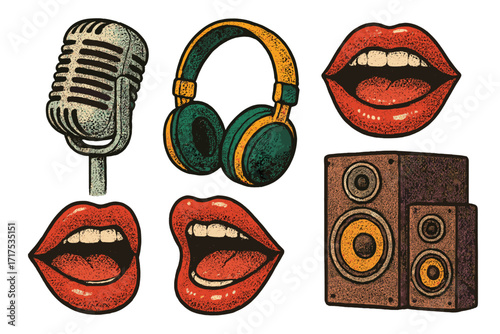 Retro music karaoke vector set. Vintage microphone, headphones, speakers, singing mouths collage. Halftone grunge illustration for disco party, radio, or podcast audio icons.