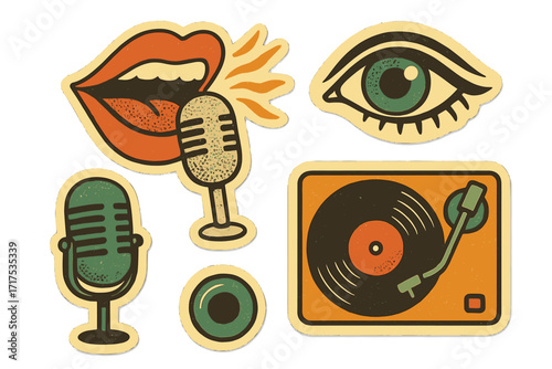 Retro groovy music collage elements set. Vintage 70s sticker pack. Mouth singing into microphone, record player, eye icons. Pop art vector for audio, sound, broadcast, radio.