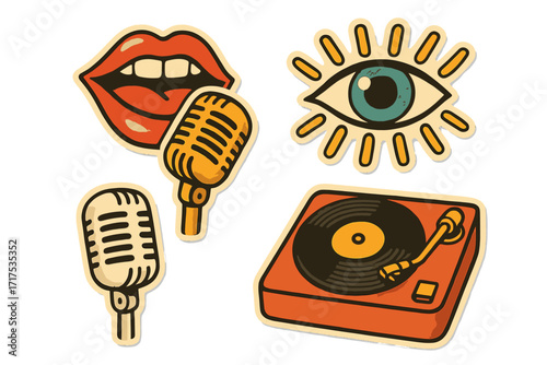 Retro groovy music collage elements. Vintage 70s stickers with mouth singing, microphone, record player, eye. Halftone paper style for pop art, disco, funk, soul music vector set.