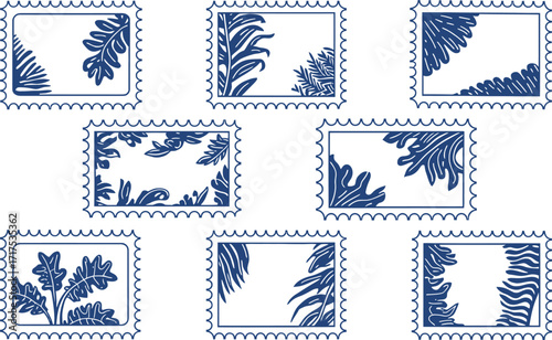 Collection of Blue Leafy Stamp Frames on White Background