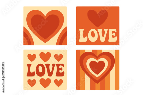 Romantic vintage square covers with hearts and LOVE word. Set of modern retro flat illustrations for Valentine's day. Groovy aesthetic vector print in 60s 70s style.