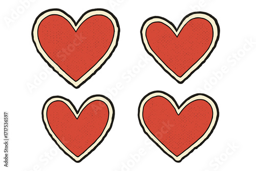 Vector set of red halftone paper hearts with torn edges. Retro comic style love symbols. Doodle scrapbook elements for Valentine's day greeting cards. Isolated cartoon art.