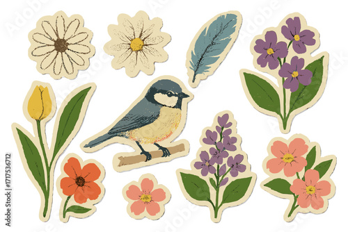 Spring flowers and titmouse bird vector sticker set. Retro paper cutout collage elements. Vintage floral illustrations with halftone grunge texture for scrapbooking design.
