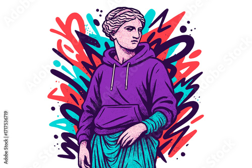 Urban street style vaporwave female Greek statue in halftone style with colorful graffiti abstract shapes and bold typo print, trendy pop art graphic sculpture vector design