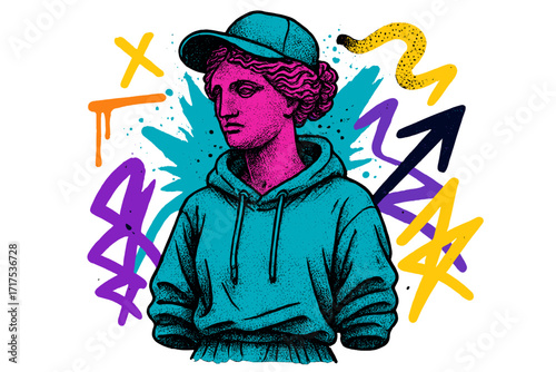Urban street style vaporwave female Greek statue, halftone pop art with graffiti abstract shapes, colorful typo print, trendy sculpture vector design for modern graphics