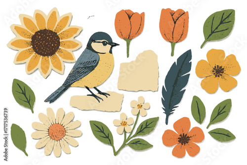 Spring flowers titmouse bird. Paper cut out collage set. Halftone floral sticker. Retro grunge torn paper scrapbooking elements. Nature wildlife modern mixed media art vector.