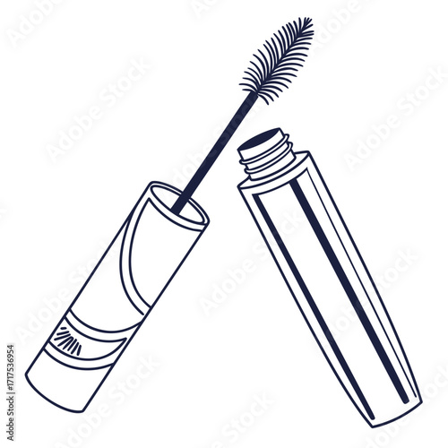 Vector elegant mascara tubes with long curved eyelash shapes, minimal stylish outline.