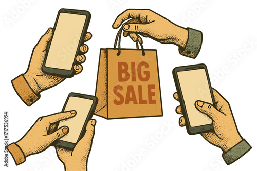 Vintage style collage with hands holding smartphones and big sale shopping bag, online shopping concept, halftone effect, 90s retro mixed media style vector illustration