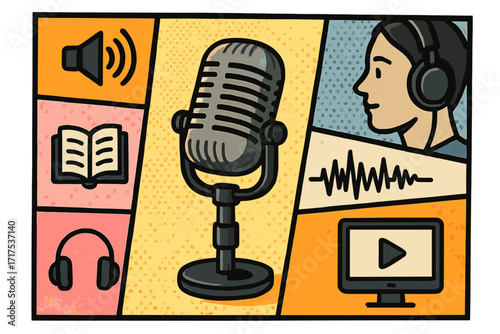 Podcast media concept collage. Halftone vector illustration with studio microphone for broadcast recording. Audio streaming service for educational content, online radio & audiobook.