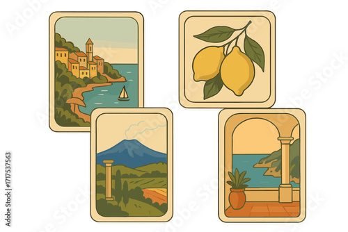 Italian travel posters set. Vintage hand drawn postcards collection. Retro summer vacation scenes in Italy. Amalfi coast, lemon, volcano landscape. Minimalist wall art design.