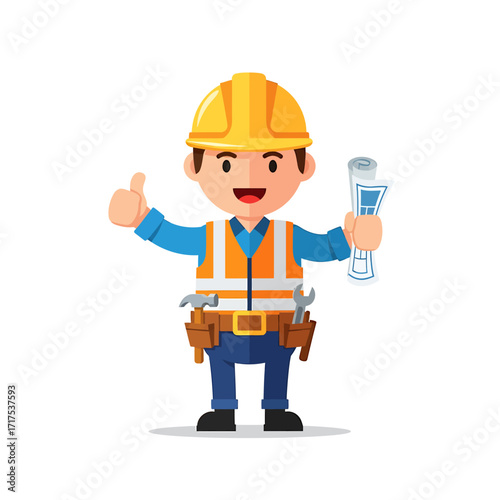 Smiling Construction Worker Holding Blueprints Giving a Thumbs Up Sign, Vector Illustration