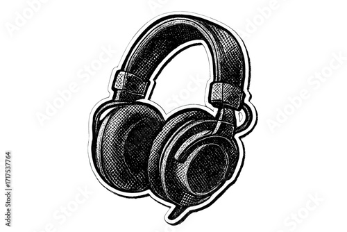 Vintage headphones in retro halftone dotwork style. Grunge punk music sticker for zine collage. Mixed media audio headset drawing. Old school sound equipment vector icon.