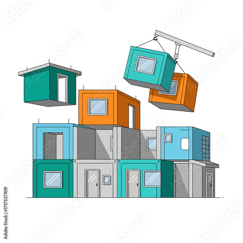Illustration of modular construction with colorful container-like units being assembled.