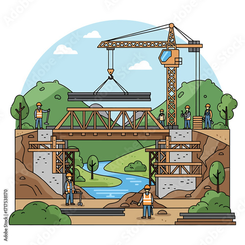 Vector illustration of a construction crew building a truss bridge over a river with a large crane.