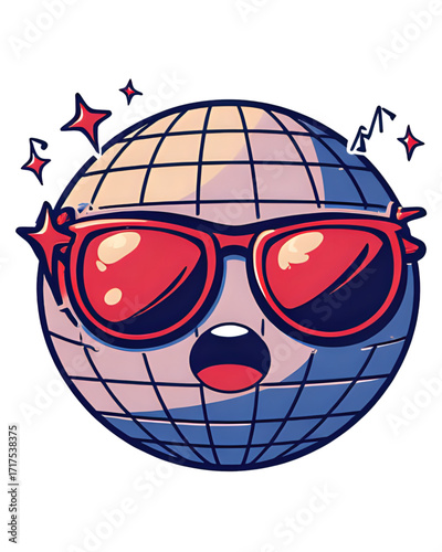 A disco ball with tiny sunglasses, grooving | funny cartoon android | funny cartoon character | funny cartoon android with sunglasses | vector illustration of a cartoon character with sunglasses