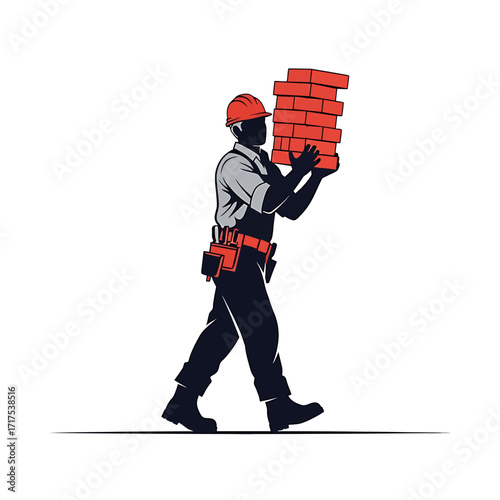 A construction worker wearing a hard hat and tool belt carries a stack of bricks while walking.