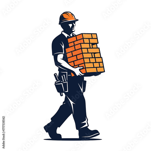 Construction worker carrying a stack of bricks, wearing a hard hat, and walking forward.