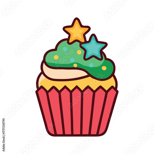 Three cupcakes with christmas decorations on top of them