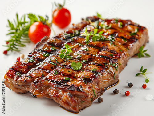 A juicy grilled steak served on a white plate, garnished with herbs and tomatoes, AI generated