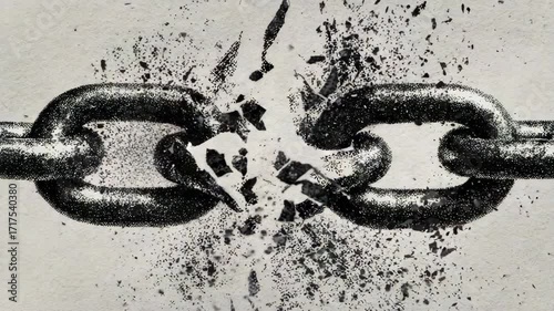 Shattered black metal chain link breaking apart, ink-style stippling effect on light textured background, concept of freedom and resistance