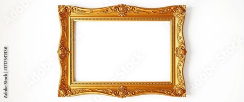 Empty ornate gold picture frame isolated on white background, home decor, illustration