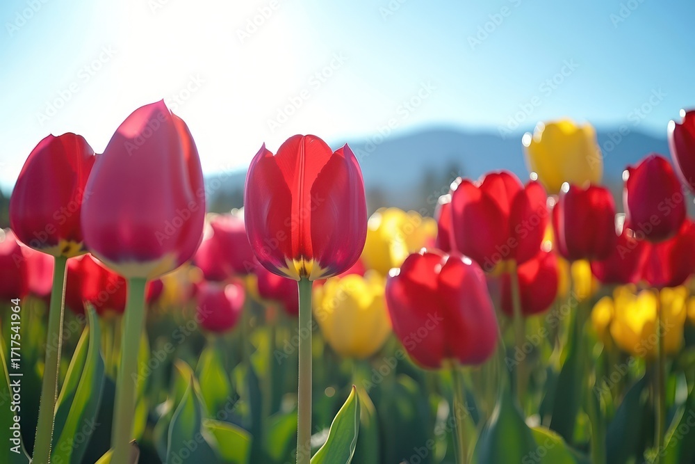 Fototapeta premium Colorful tulip field under blue sky