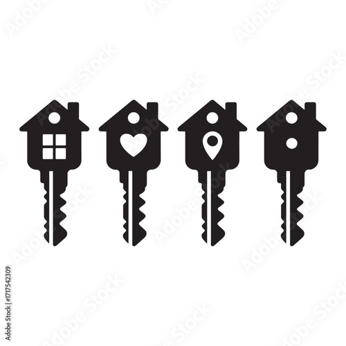 Four Black House Keys Symbolizing Home Ownership and Security with Unique Design Elements for Love, Location, and Structure