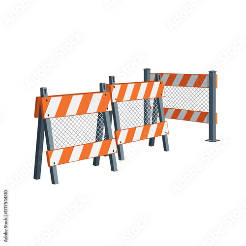 Three orange and white striped construction barricades with wire mesh, used to block off areas.