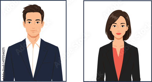 Business professional avatar portraits of young man and woman in formal suit attire for corporate, profile, or office use.