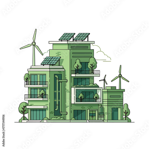 Modern sustainable building with solar panels and wind turbines, showcasing eco-friendly design.