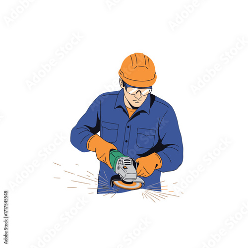 A man wearing an orange hard hat, safety glasses, and gloves, operating an angle grinder that produces sparks during metalworking.
