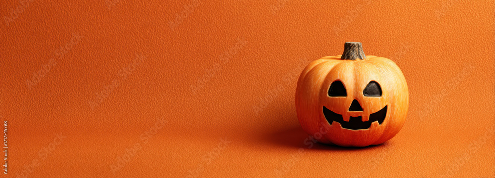 Obraz premium Cheerful Halloween pumpkin with laughing face sits against vibrant orange background, embodying festive spirit of season. Its carved features bring joy and excitement