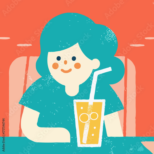 Smiling girl drinking Long Island Iced Tea in flat illustration style