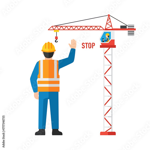 Construction worker in hardhat and safety vest signaling stop to a tower crane on a white background.