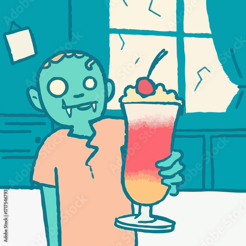 Cartoon zombie holding colorful Zombie cocktail indoors
