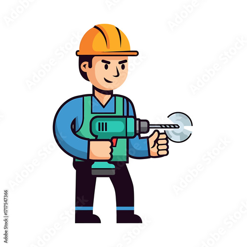 Cartoon construction worker drilling with a power drill, wearing a hard hat.