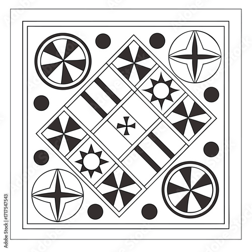 An intricate star pattern of diamonds and poker chips forms a vector illustration for a playing cards background.