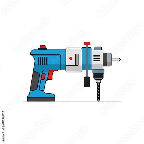 Illustration of a blue and gray electric drill with a black handle and a drill bit.
