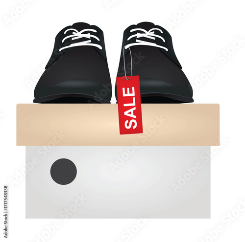 Shoe on shoe box with sale notice. vector