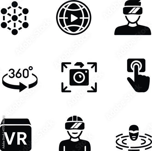 Collection of Virtual Reality and Immersive Technology Icons Representing VR Headsets Global Connection and Interactive Digital Experiences in Modern Innovative Designs