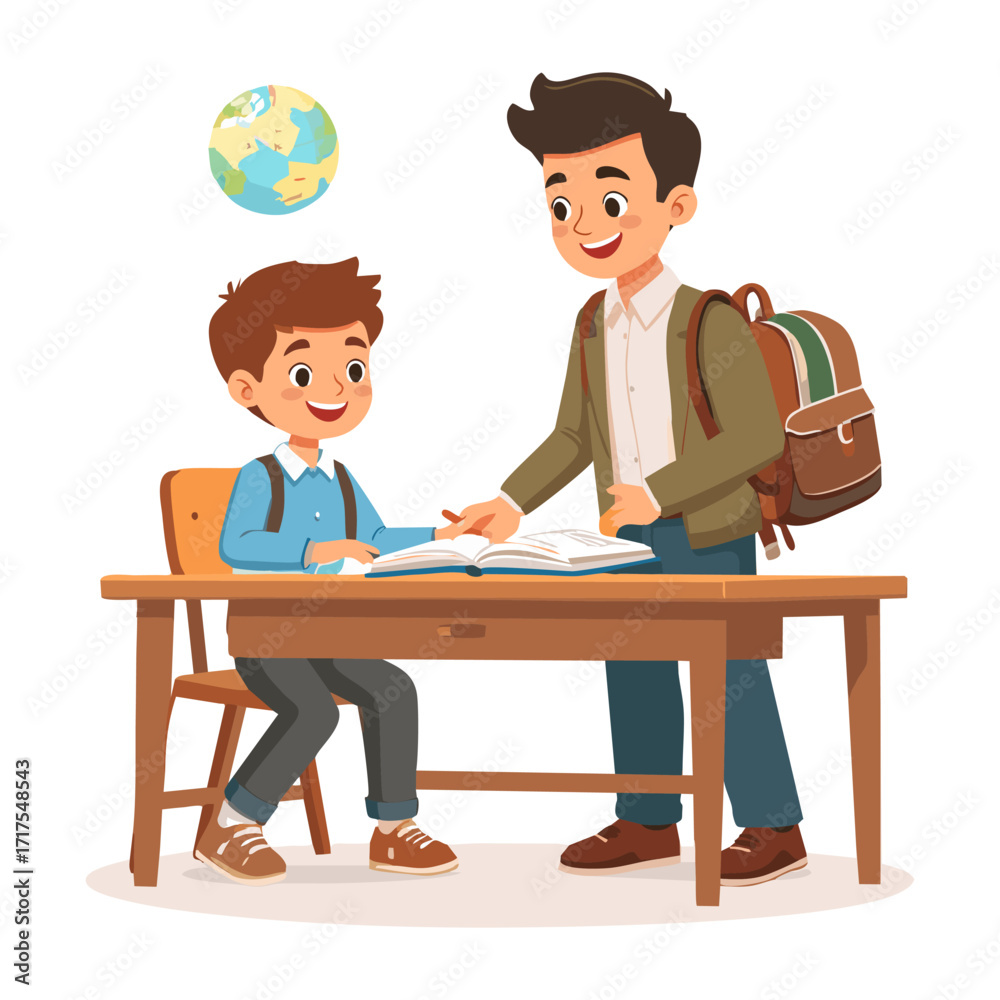 Obraz premium Boy sitting at desk being helped by a man with a backpack.