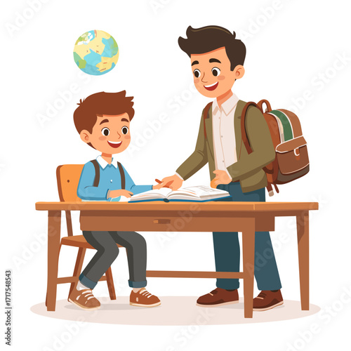 Boy sitting at desk being helped by a man with a backpack.