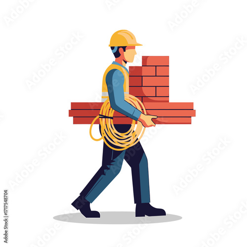 A construction worker wearing a hard hat and safety vest carries lumber, bricks, and a coil of cable.